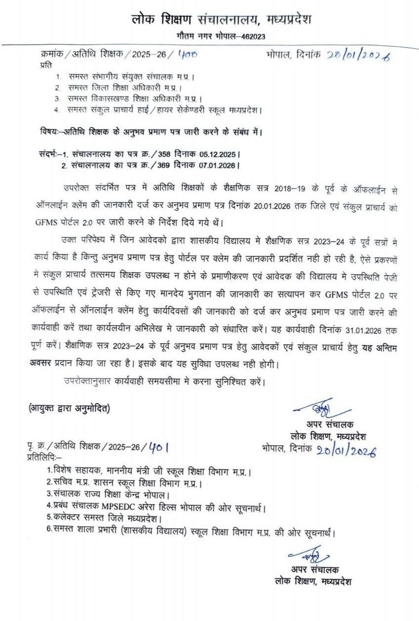 विभाग द्वारा जारी आदेश 